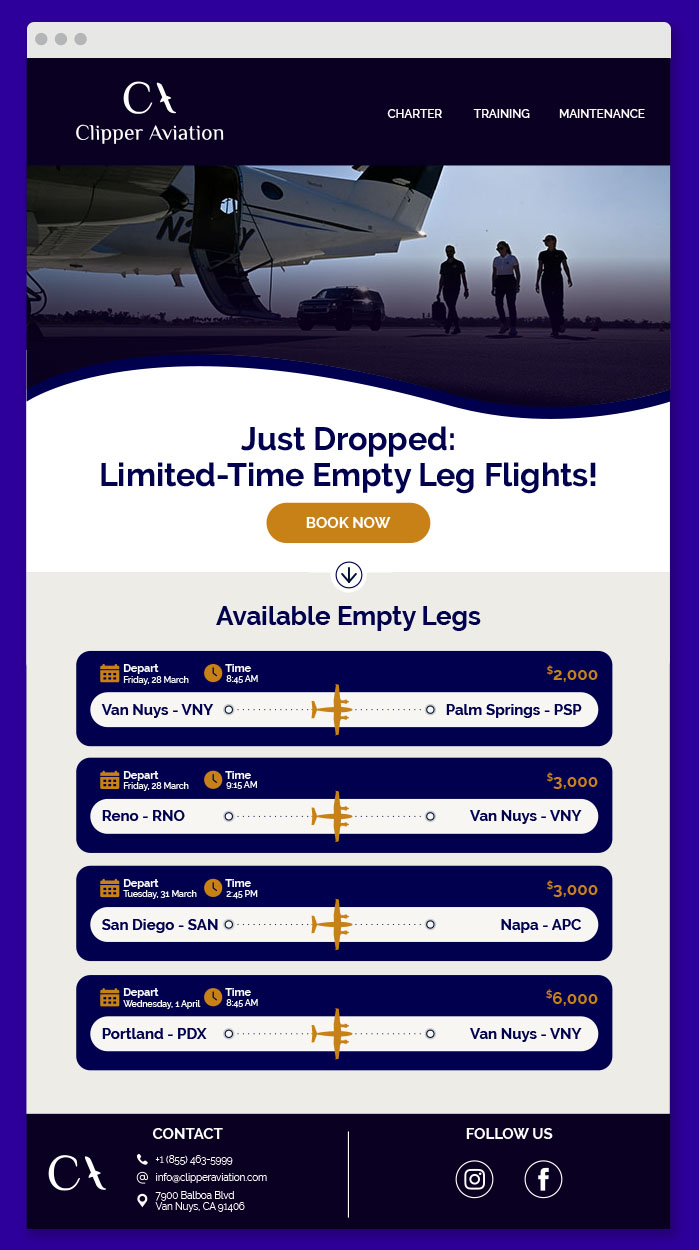 Weekly Empty Leg Charter Flights Email